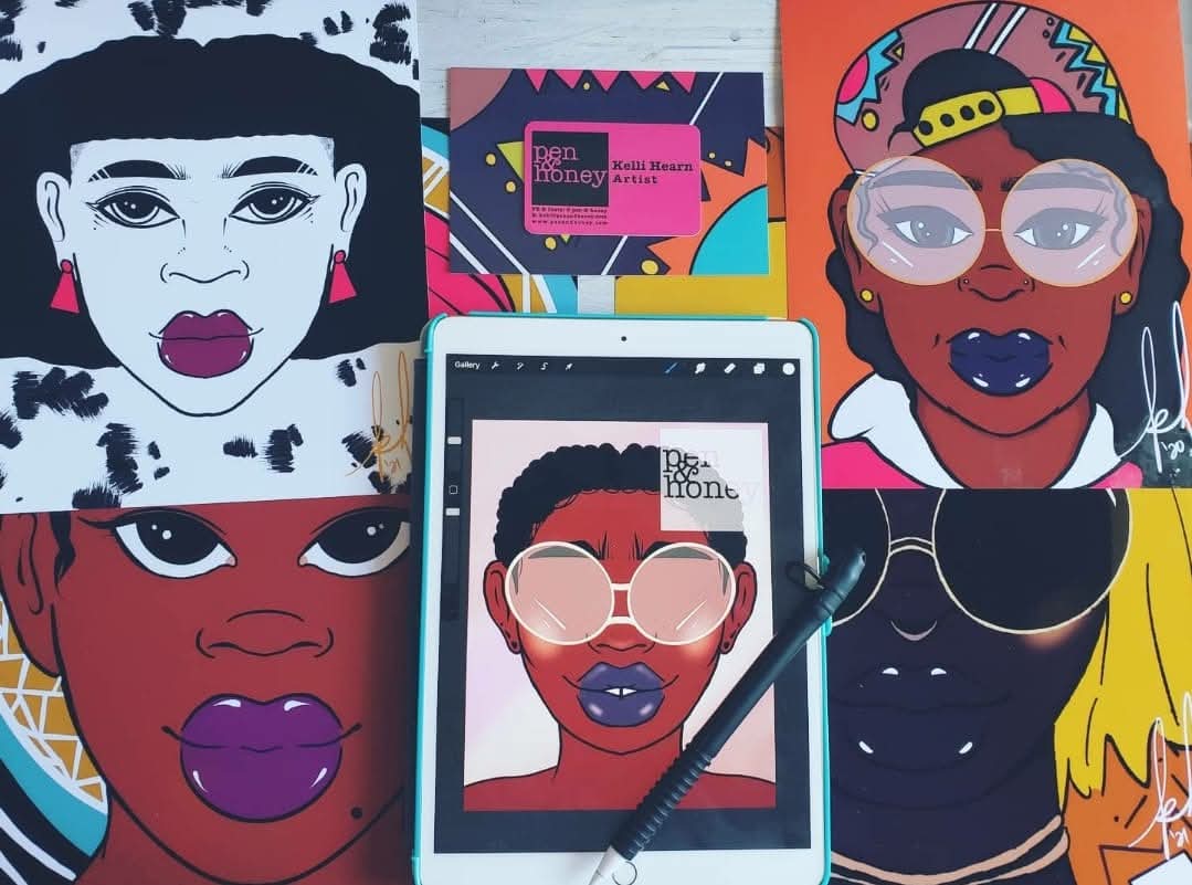 Four illustrated portraits of women with colorful backgrounds, one on a tablet screen, all with bold makeup and accessories.