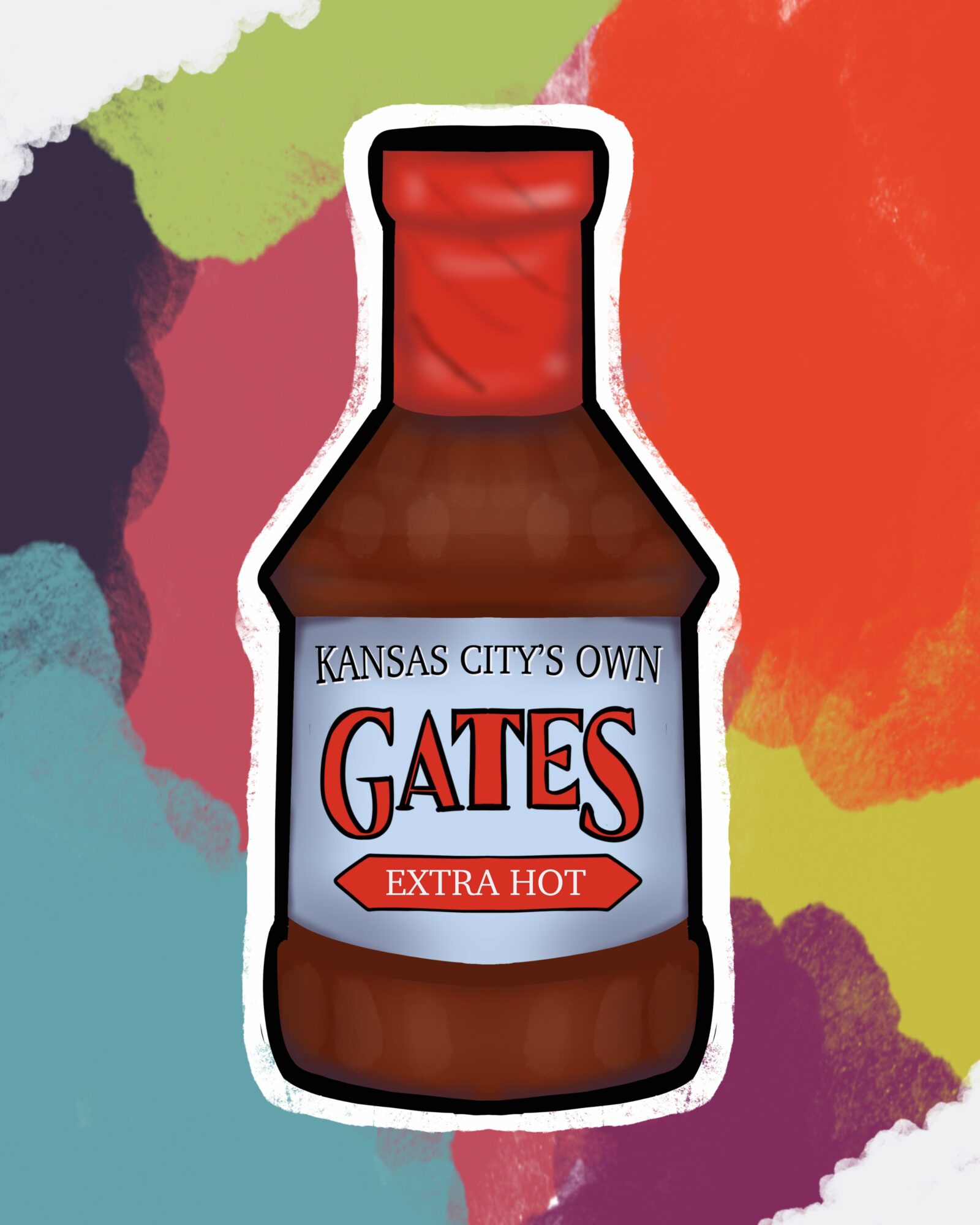 Bottle of Gates Extra Hot sauce with colorful background, label reads Kansas City's Own, extra hot.