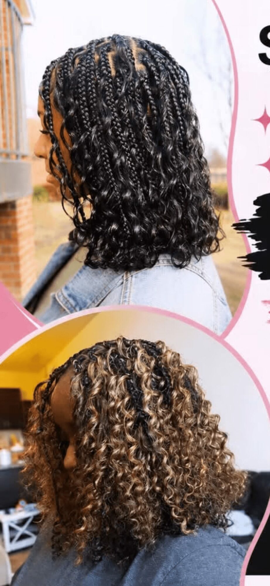 Two images of a person with curly hair, one with dark hair and one with light brown hair, viewed from behind.