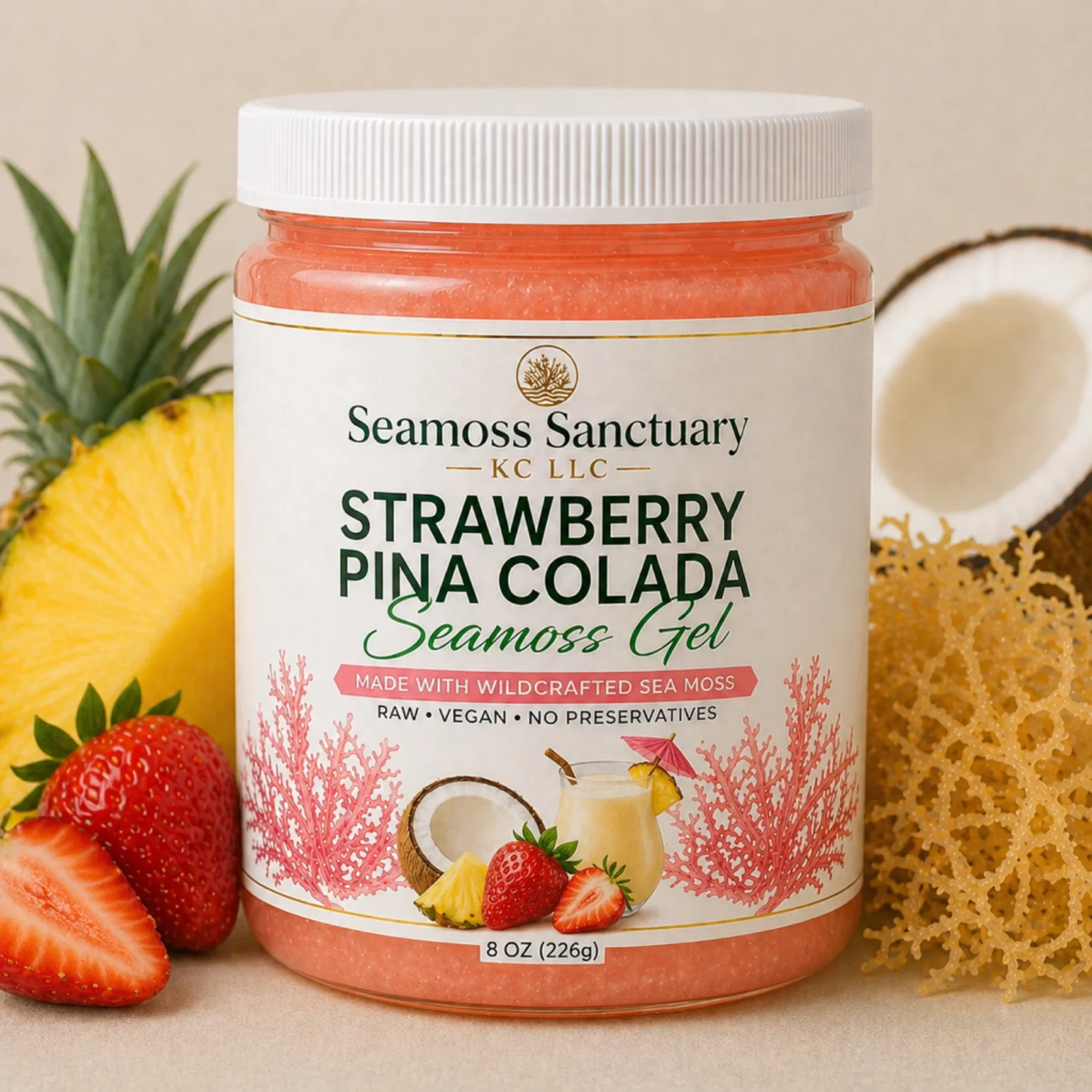 Container of strawberry piña colada flavored gel with pineapple, strawberry, and coconut in background.