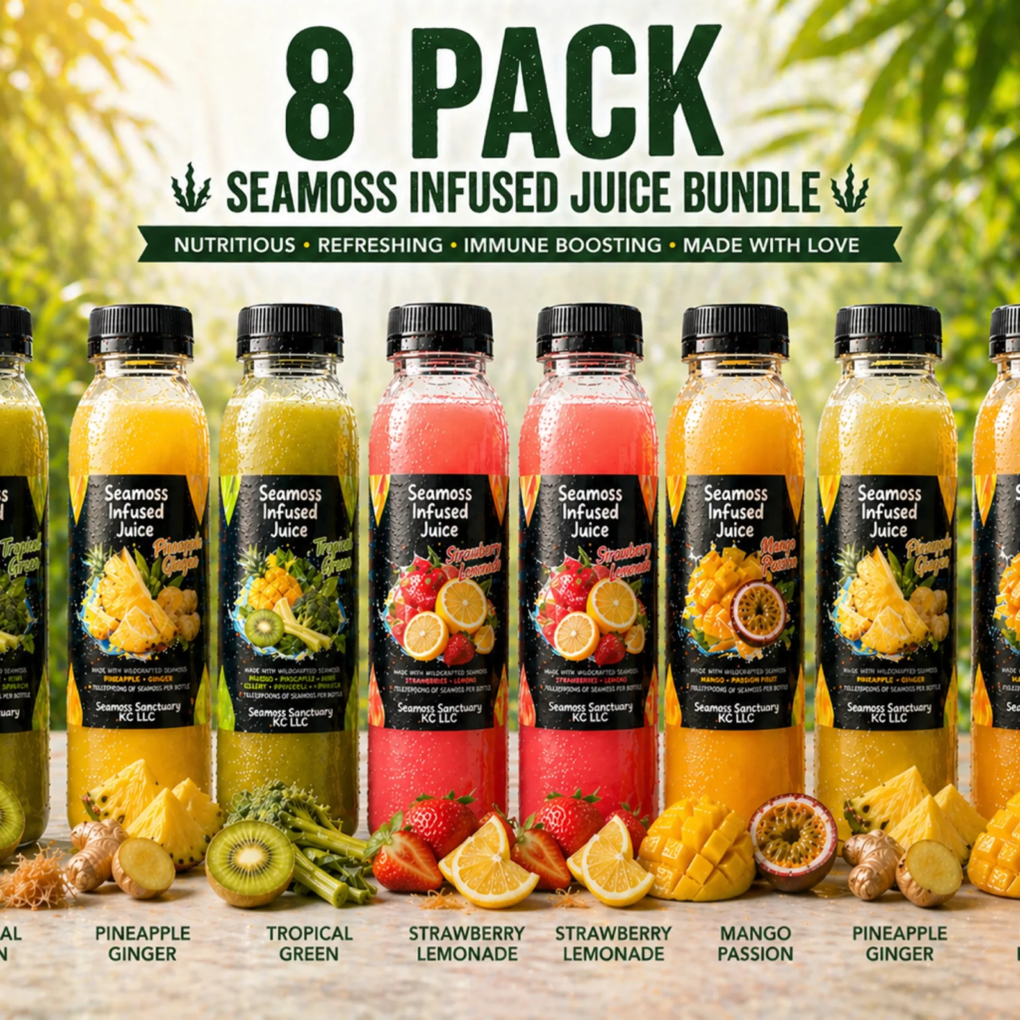 Eight bottles of infused juice with fruit slices in front, label reads '8 PACK SEAMOSS INFUSED JUICE BUNDLE', green and yellow background.