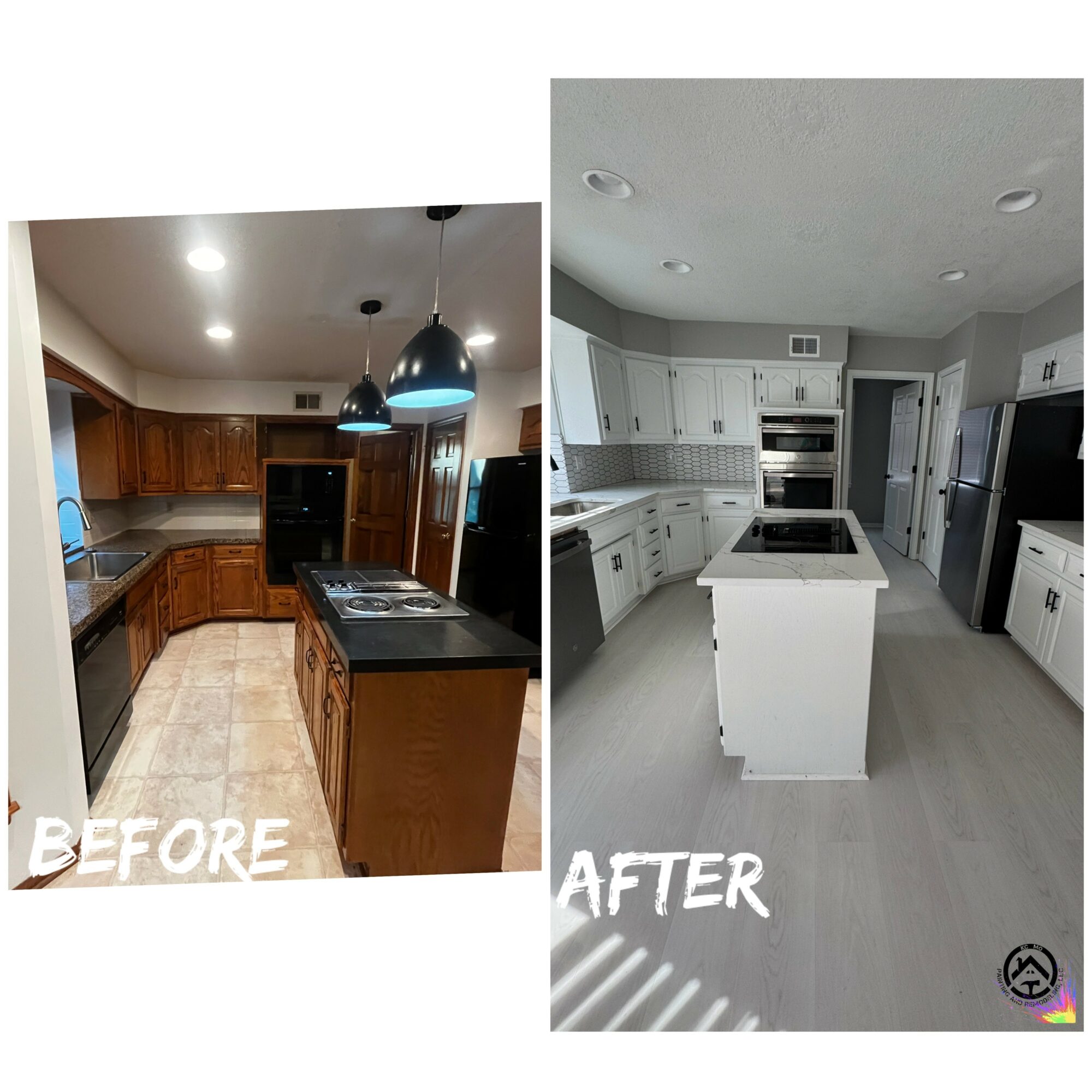 Side-by-side kitchen before and after renovation, showing updated white cabinets, new flooring, and modern appliances.