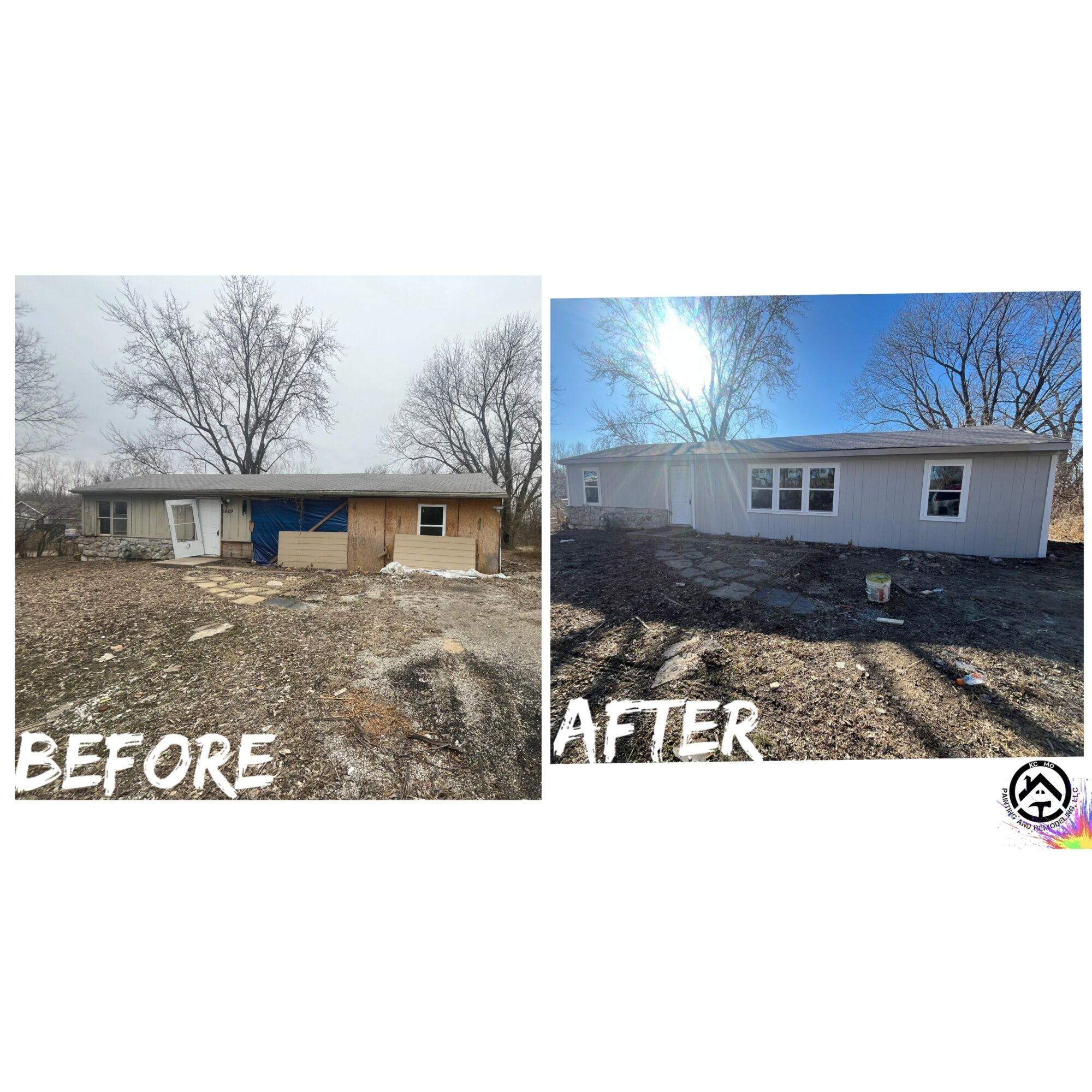 Side-by-side images showing a house before and after renovation, with trees and a clear sky in both images.