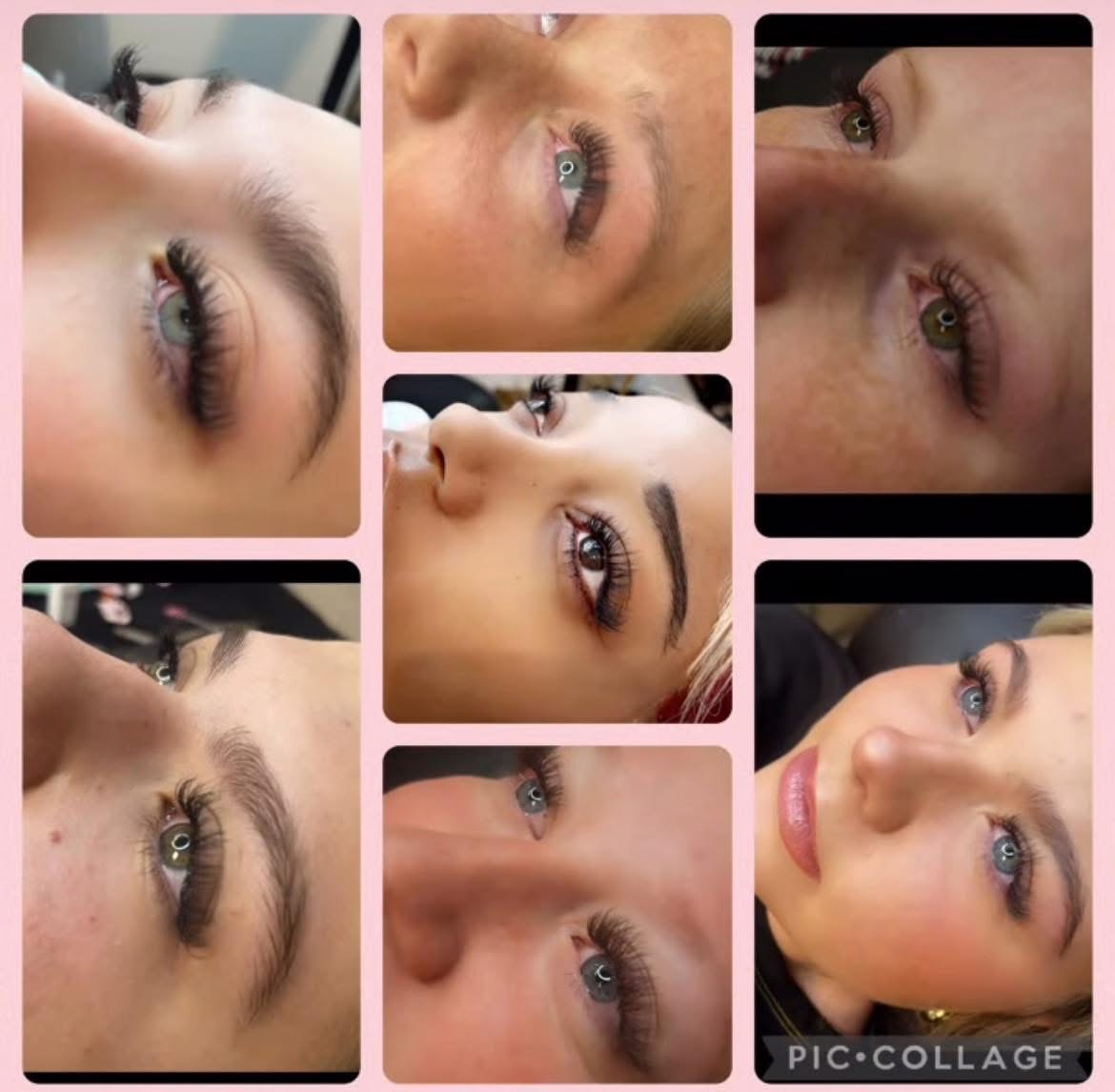 Collage of nine close-up images of women's eyes and faces, showing makeup and eye details.