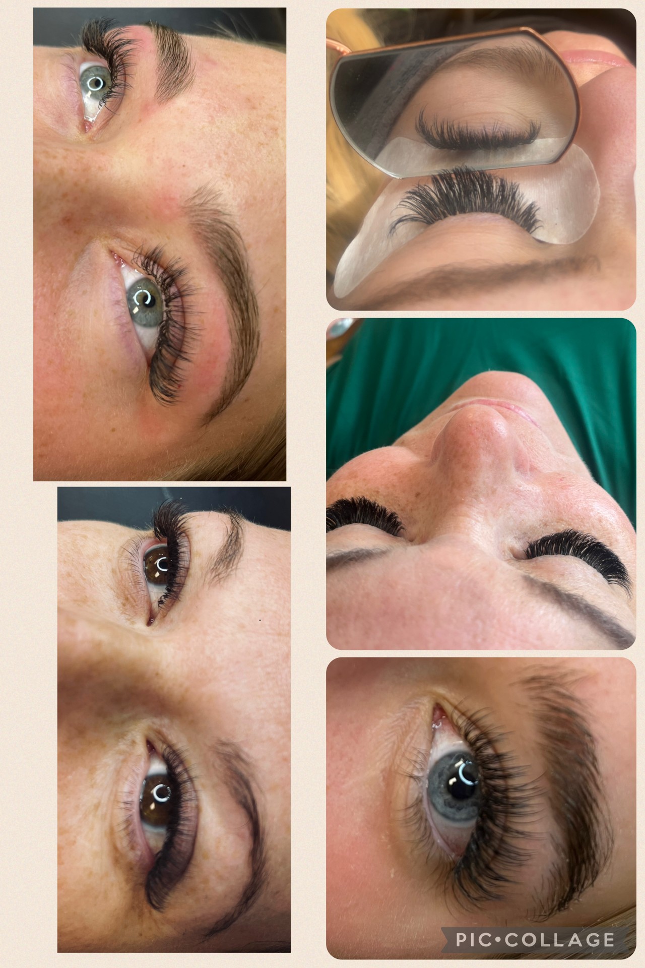 Close-up of eyes with eyelash extensions, makeup, and eye details, showing different angles and styles.