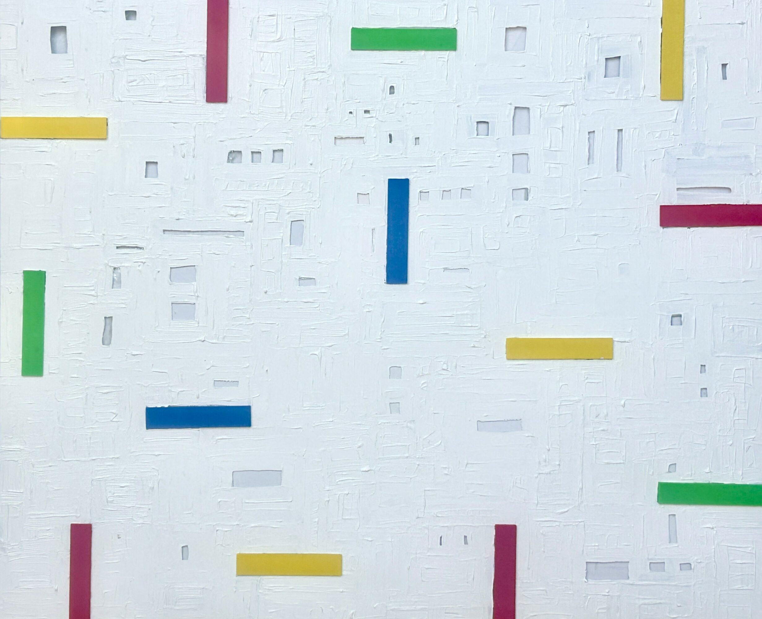 White background with colorful horizontal and vertical lines in red, yellow, green, and blue, arranged randomly.