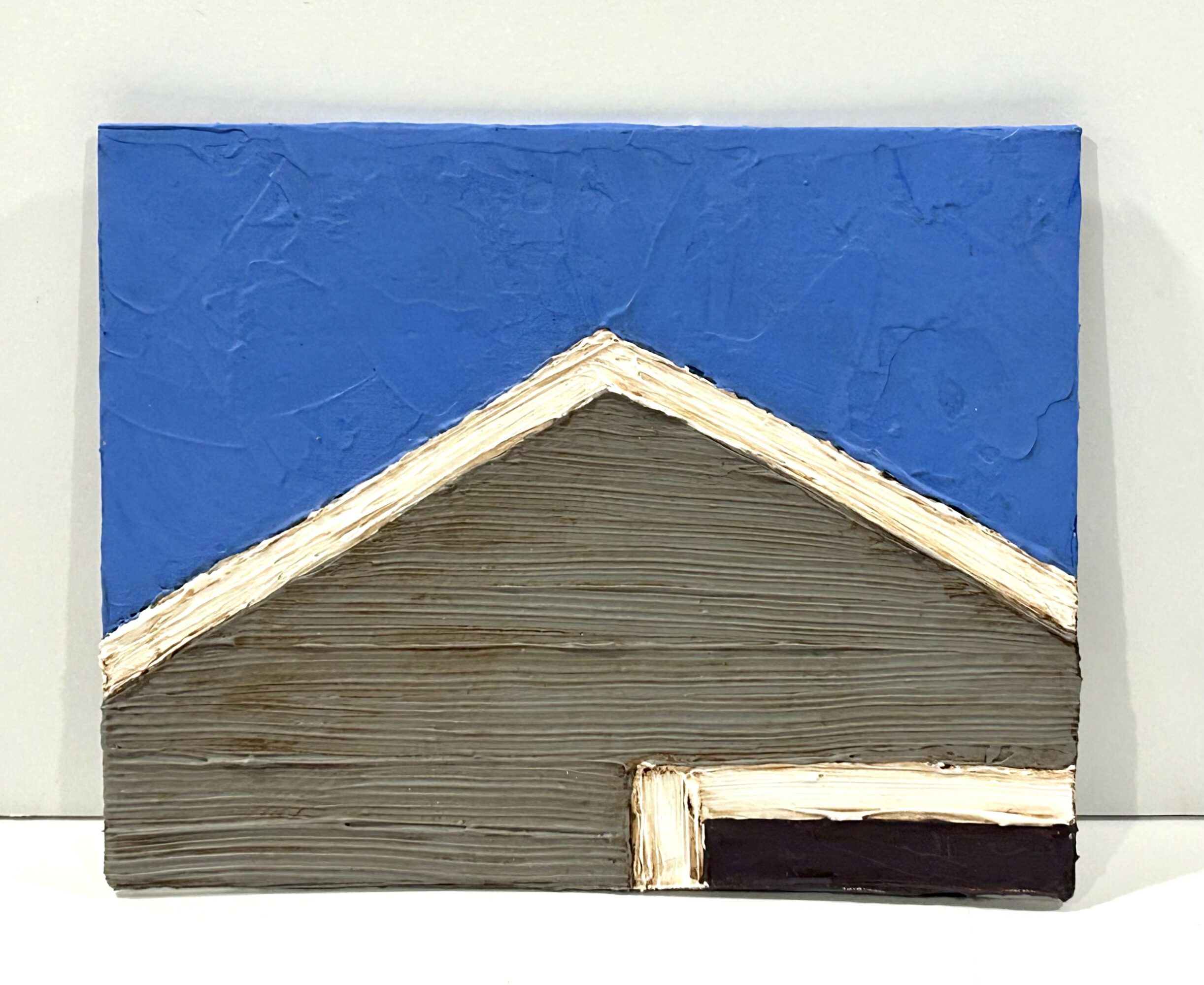 A textured painting of a house with a blue sky, gray roof, and a small white structure, on a white background.