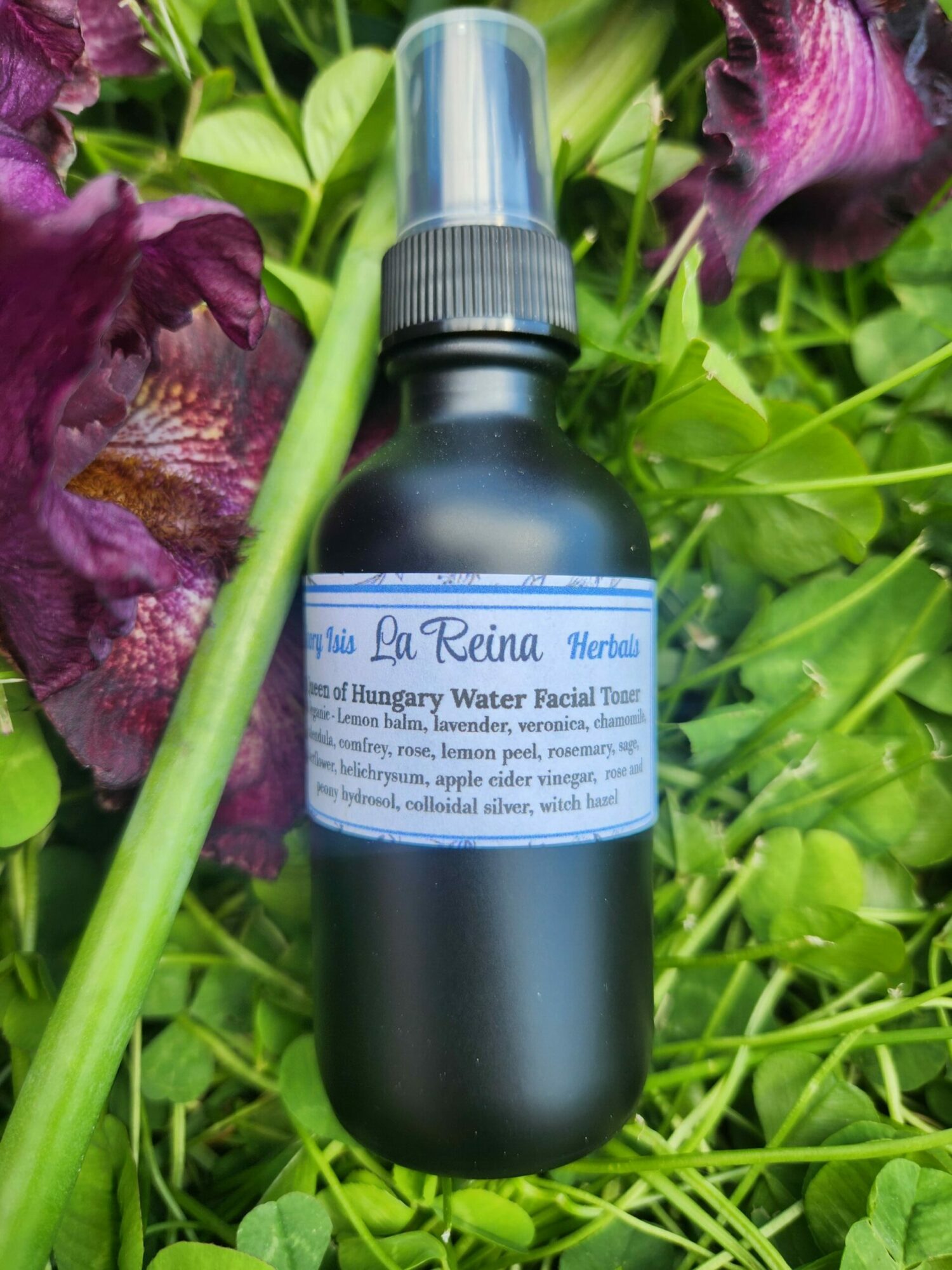 Black bottle with a blue label lying among green leaves and purple flowers.