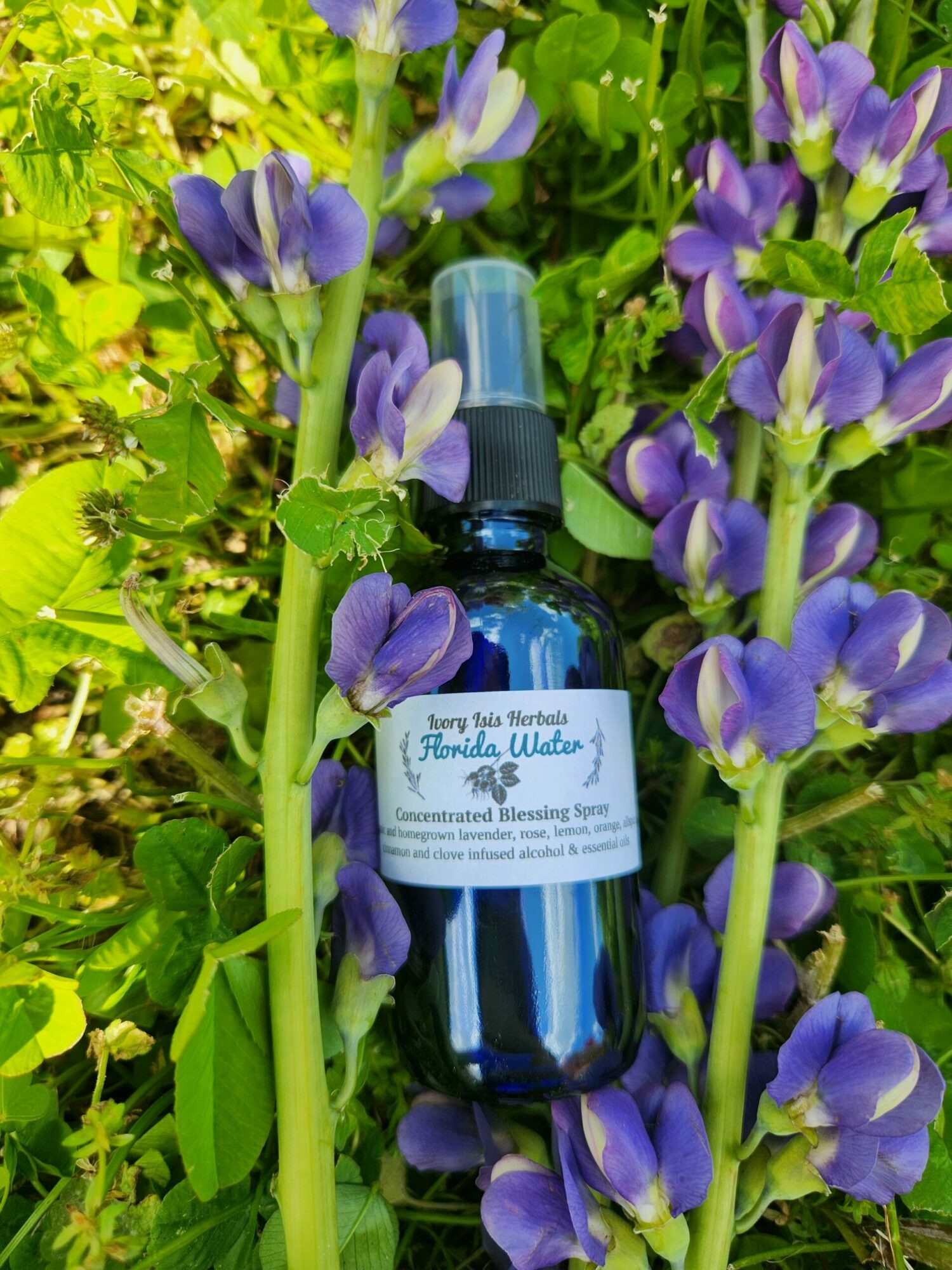 Blue spray bottle lying among purple flowers and green leaves in sunlight.