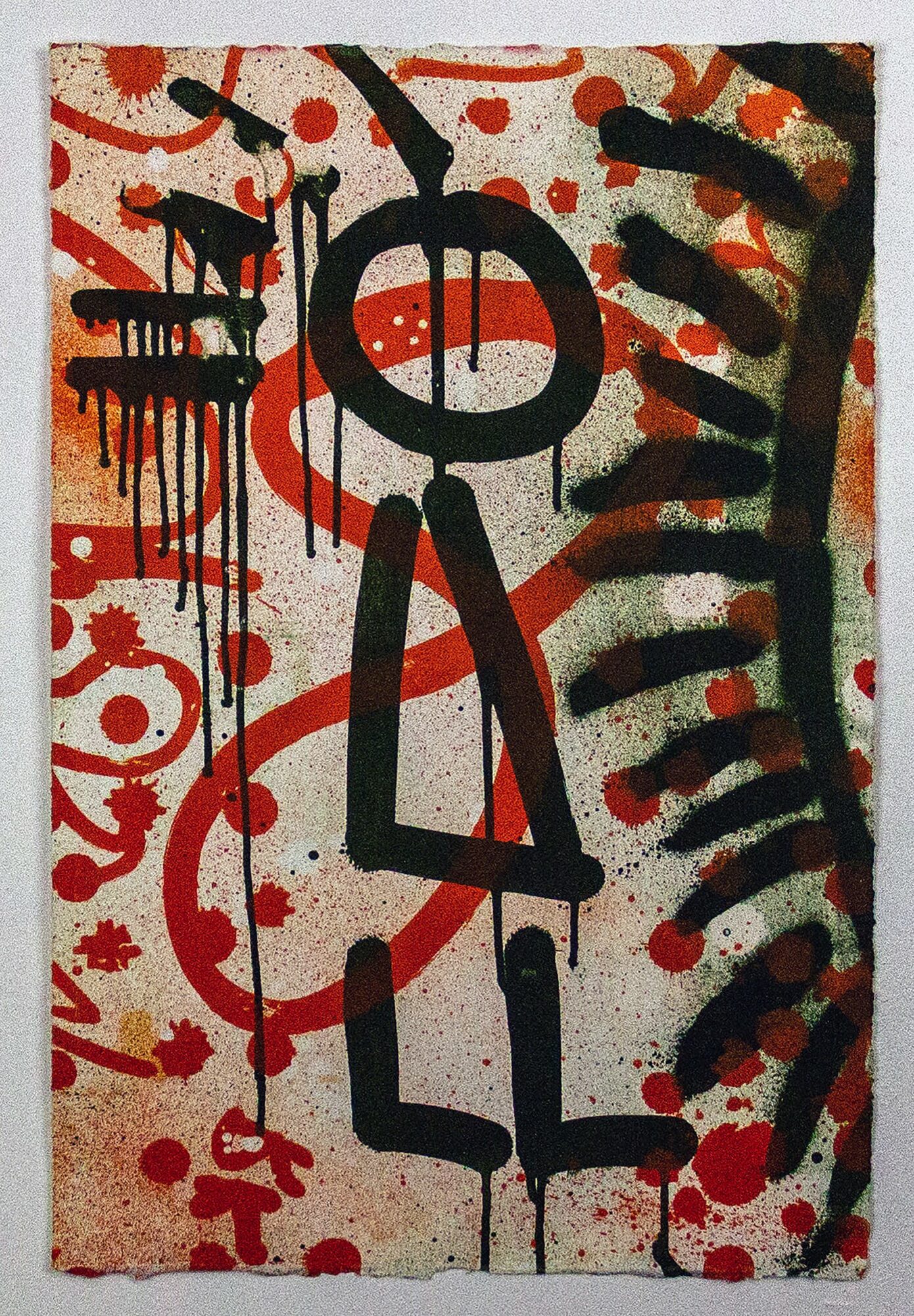 Abstract graffiti with black lines and red dots on a beige background, with some dripping paint and partial text.