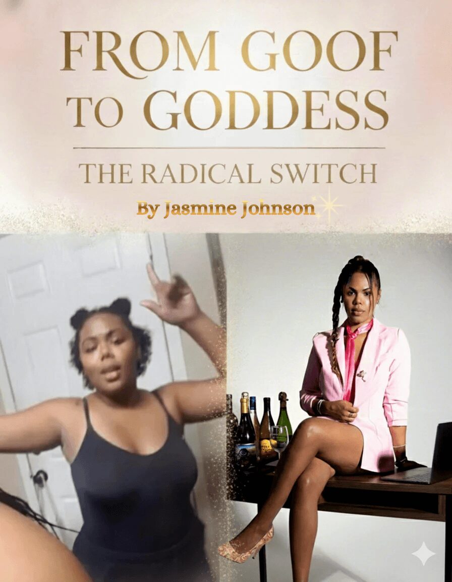Book cover titled 'From Goof to Goddess' with subtitle 'The Radical Switch' by Jasmine Johnson, featuring a woman sitting at a table.