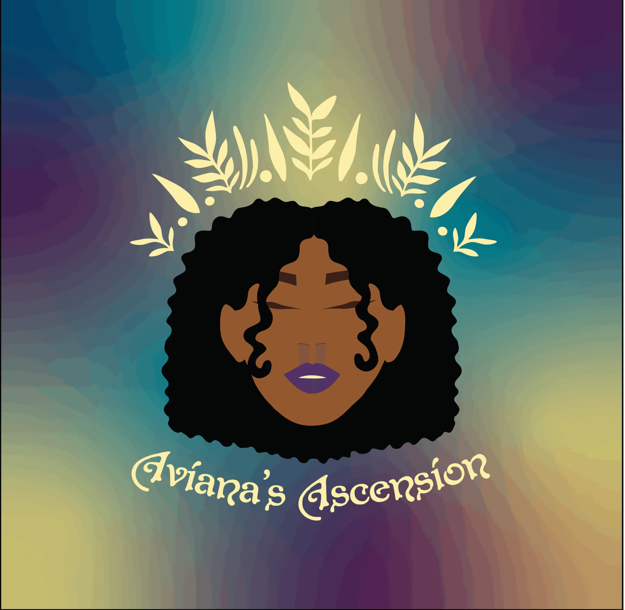 Illustration of a woman with curly hair, purple lips, surrounded by a leafy crown, with text 'Ariana's Ascension'.
