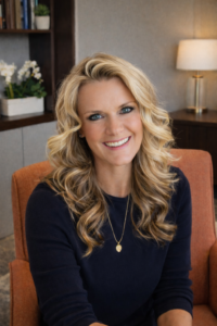 Woman with long, wavy blonde hair smiling, wearing a dark top, in a cozy room with a lamp and plants
