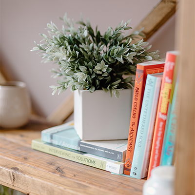 Potted plant with green leaves on a wooden surface next to colorful books, with a blurred background.