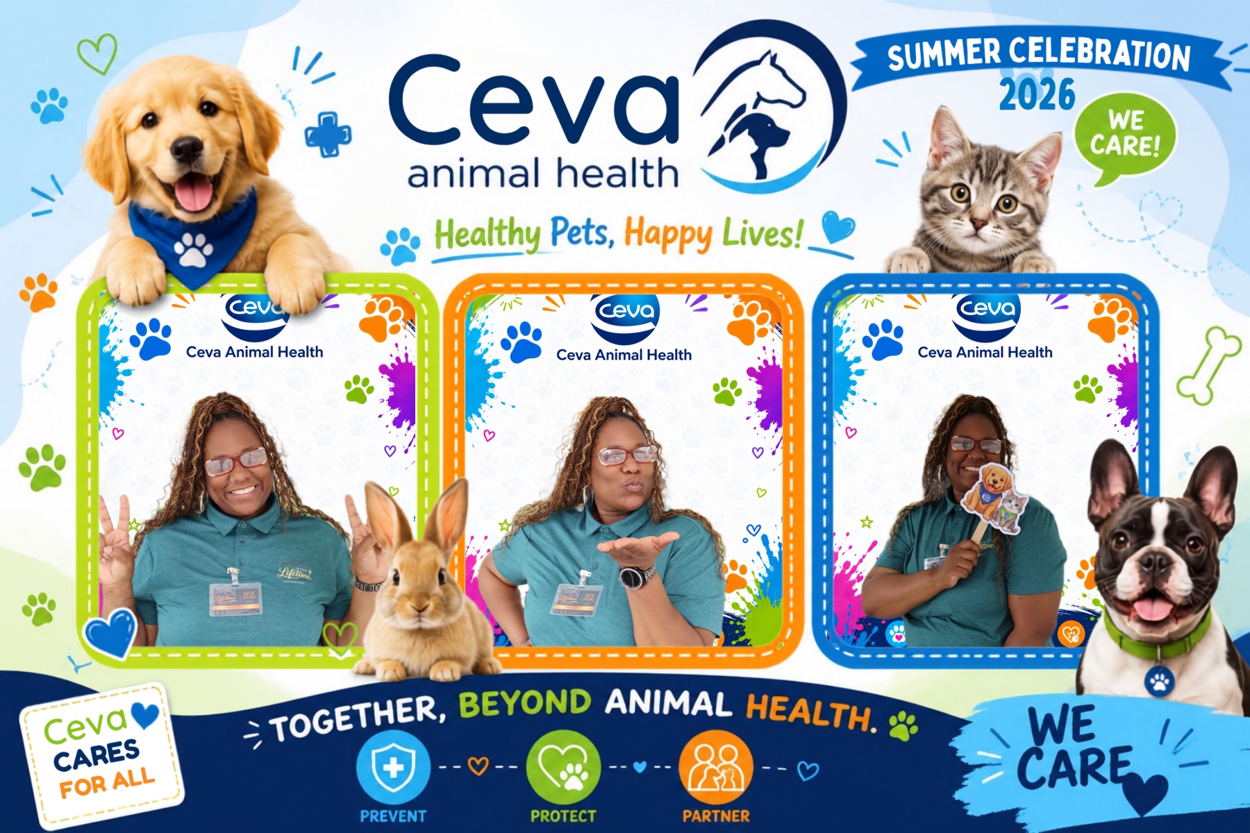 Three women with dogs and a woman with a cat, Ceva Animal Health logo, summer celebration banner, and colorful paw prints.