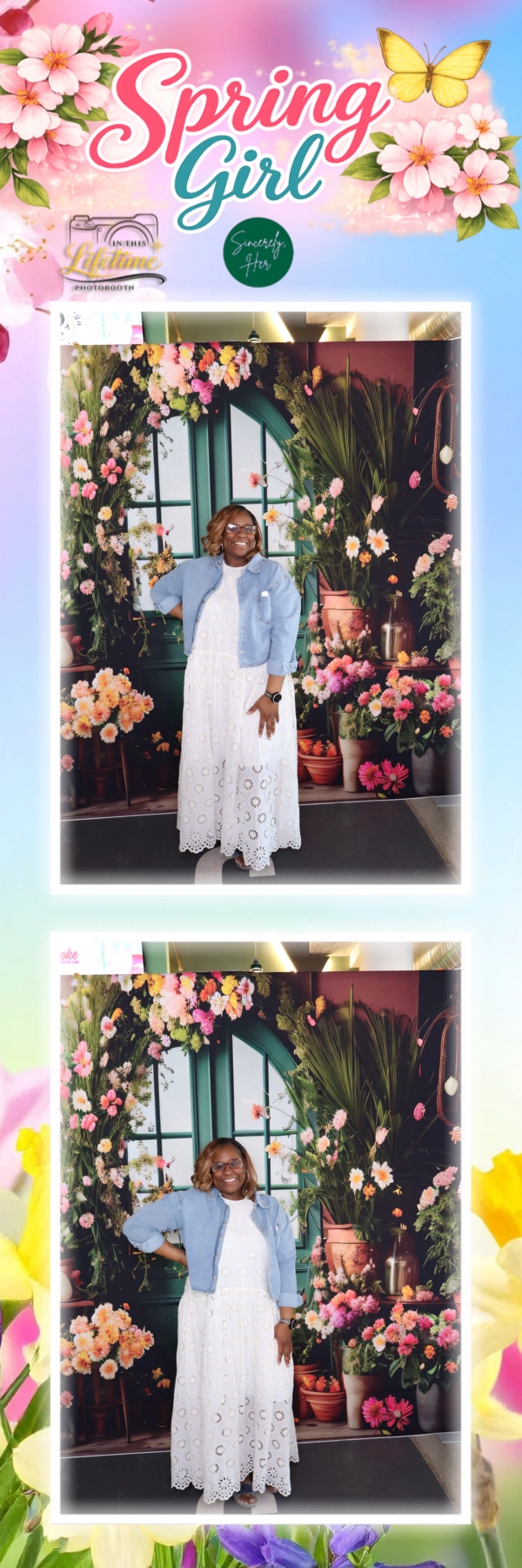 Two photos of a girl in a white dress standing in front of a floral backdrop, surrounded by colorful flowers, with pink and yellow accents. Word 'Spring Girl' at top.