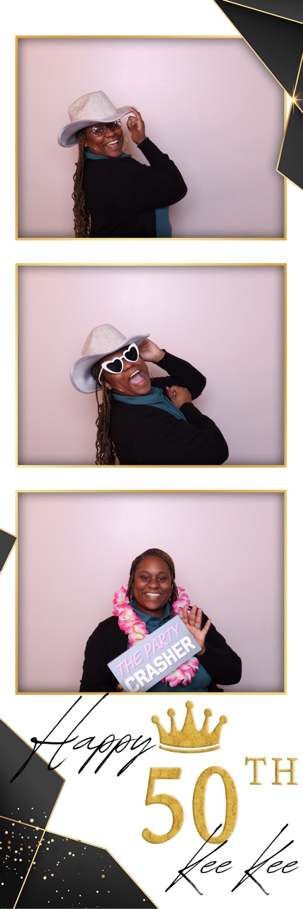 Three photos of a woman wearing a white hat and sunglasses, celebrating her 50th birthday with a sign, smiling.