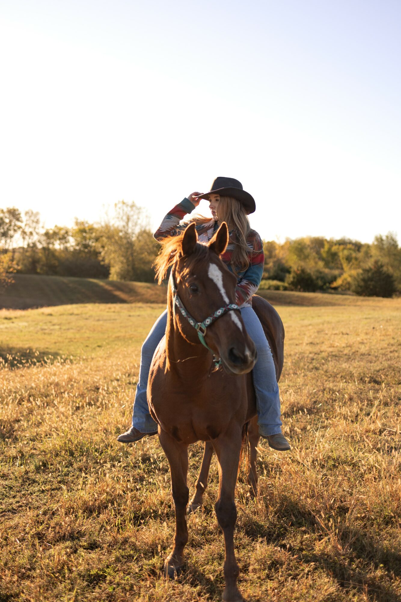 Person wearing a hat riding a horse in an open field during sunset, with trees in the background.