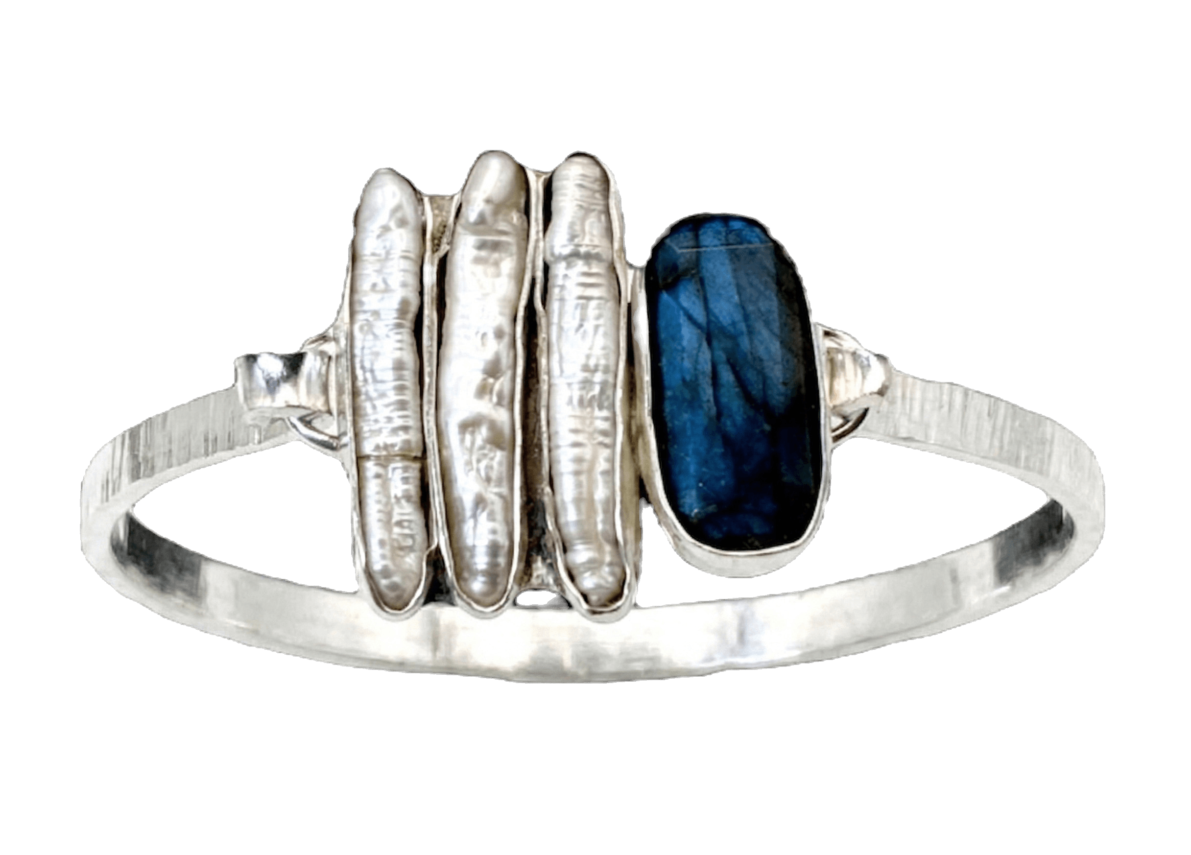 Silver ring with a large blue gemstone and textured design, set against a black background.
