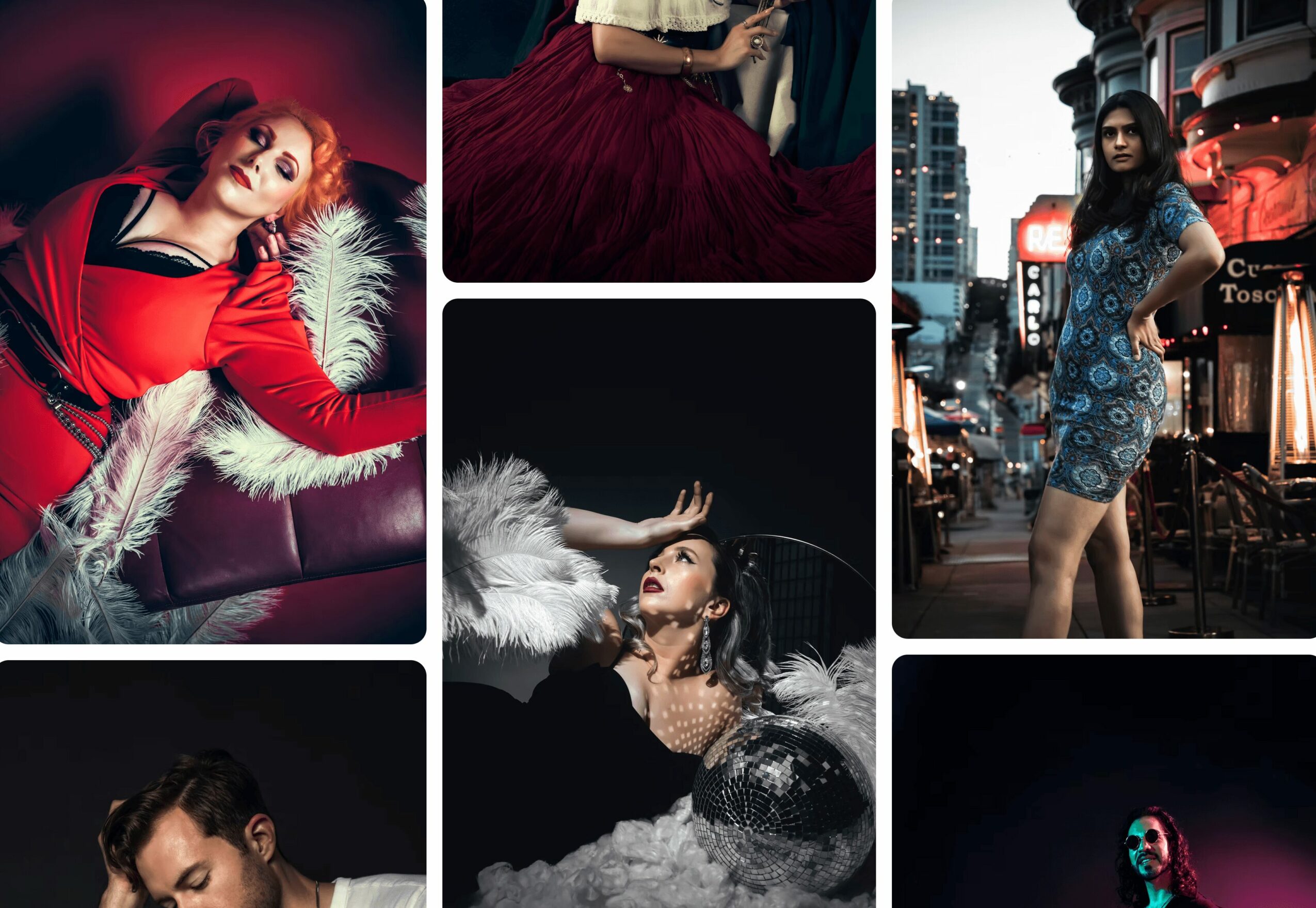 Woman with red hair lying on a sofa, wearing a red outfit with black accents, surrounded by a white fur blanket.