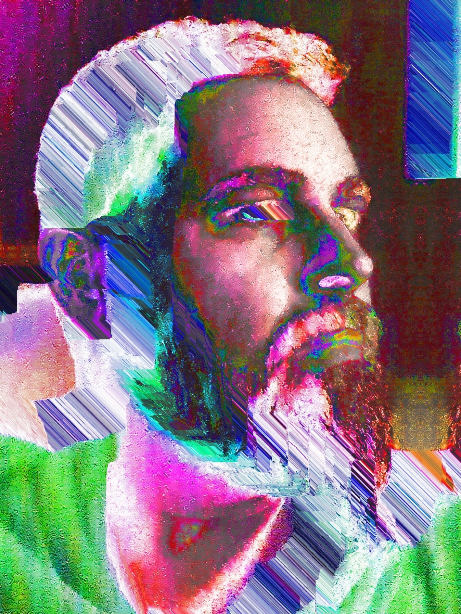 Portrait of a bearded man with glasses, colorful digital distortion effects, facing right, with a dark background.
