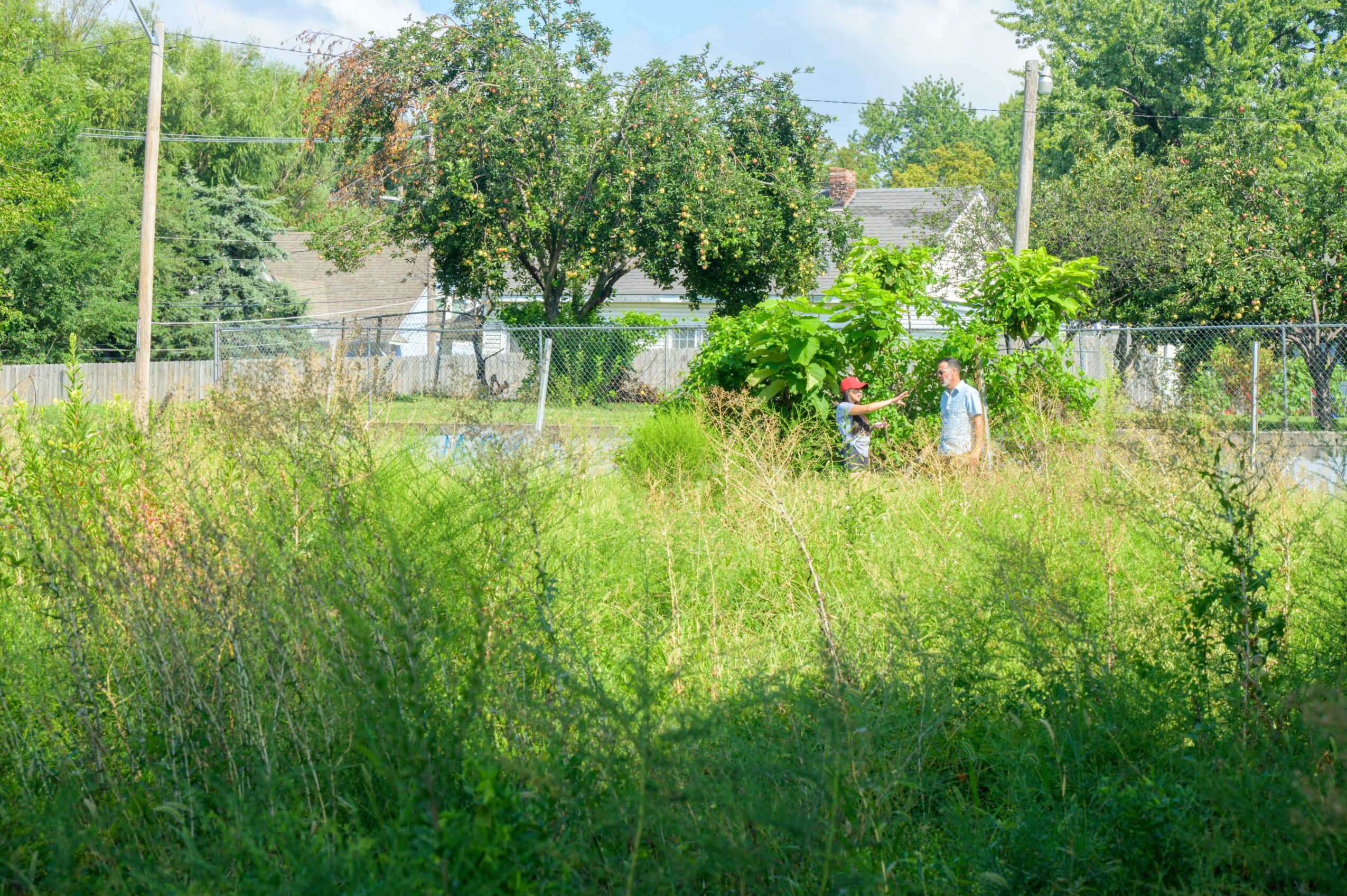 Two people walking through overgrown grassy area with trees and houses in background.