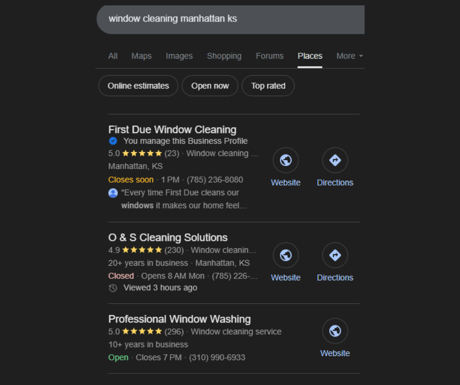Search results for window cleaning in Manhattan, KS, showing three service providers with ratings, contact info, and links.
