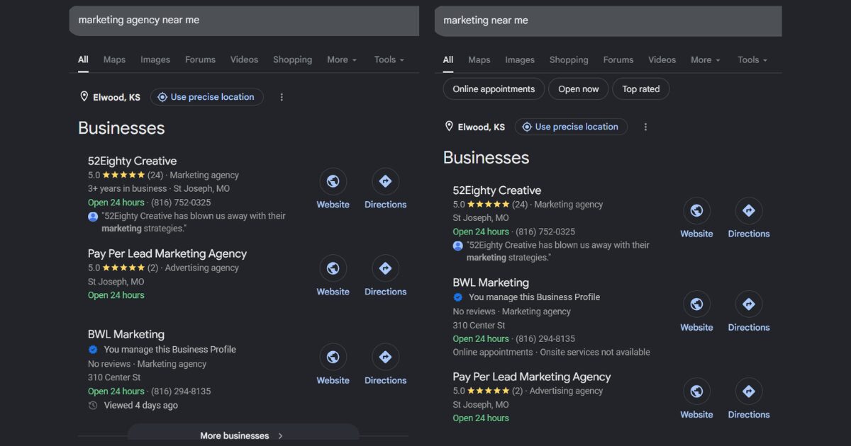 Screenshot of a social media business profile page with text and icons, dark background, and profile details.