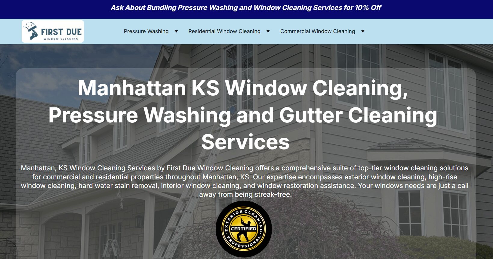 Manhattan KS window cleaning company advertisement with text about pressure washing and gutter cleaning services, and a logo at the bottom.