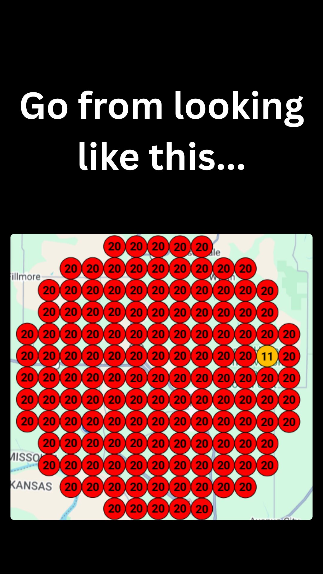 Map with red circles and numbers, showing a pattern of concentric circles, with text above reading 'Go from looking like this...'.