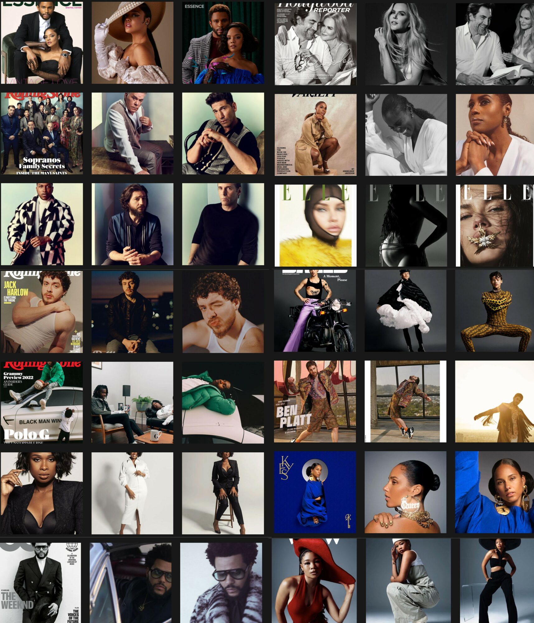 Collage of various people, including celebrities, in different poses and settings, some in black and white, some in color.