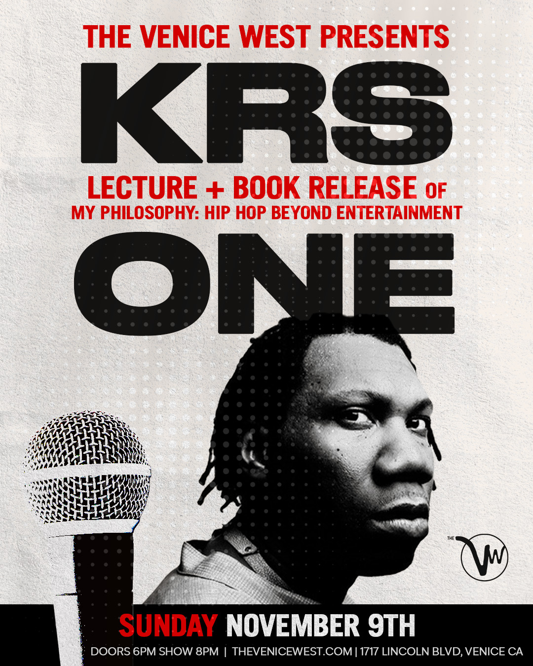 Poster with a black and white photo of a man, microphone, and event details in red and black text.