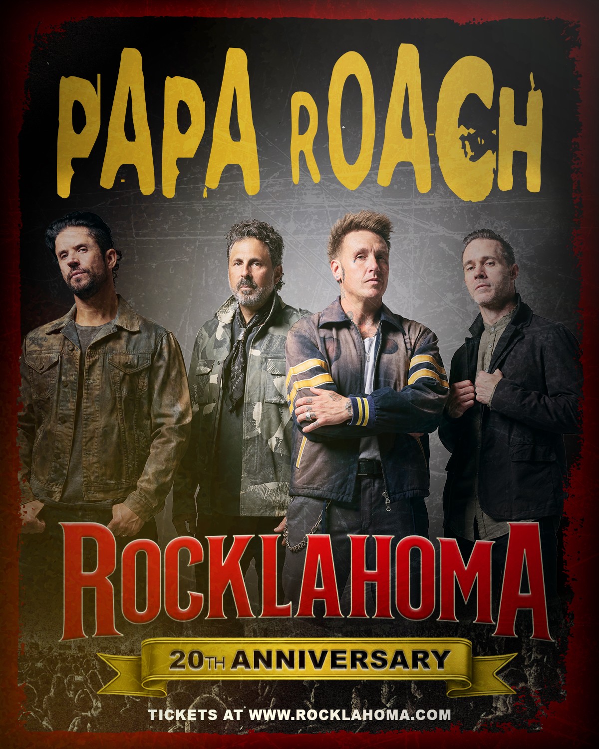 Poster for Papa Roach's 20th anniversary concert in Oklahoma with four band members, bold text, and event details.