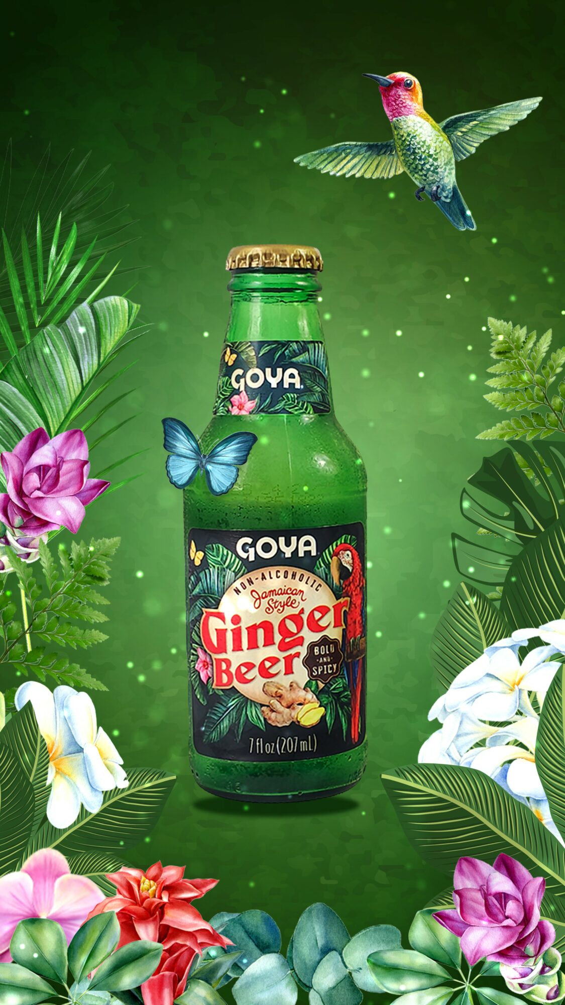 Goya Ginger Beer bottle surrounded by flowers, leaves, a butterfly, and a hummingbird against a green background.