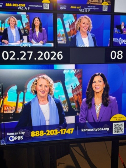 Two women in purple blazers and a woman in a blue blazer smiling, with cityscape background and contact info below.