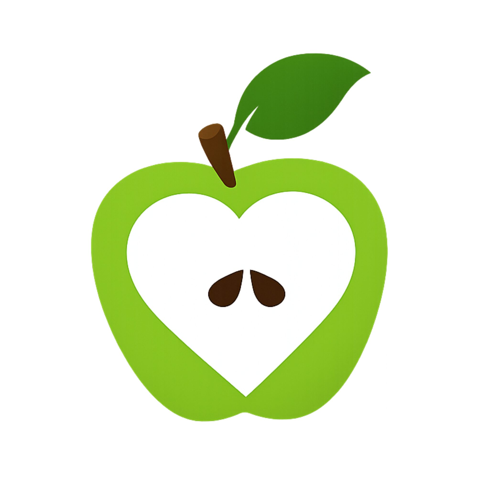 Green apple with a heart-shaped core, a leaf, and a brown stem, on a white background.