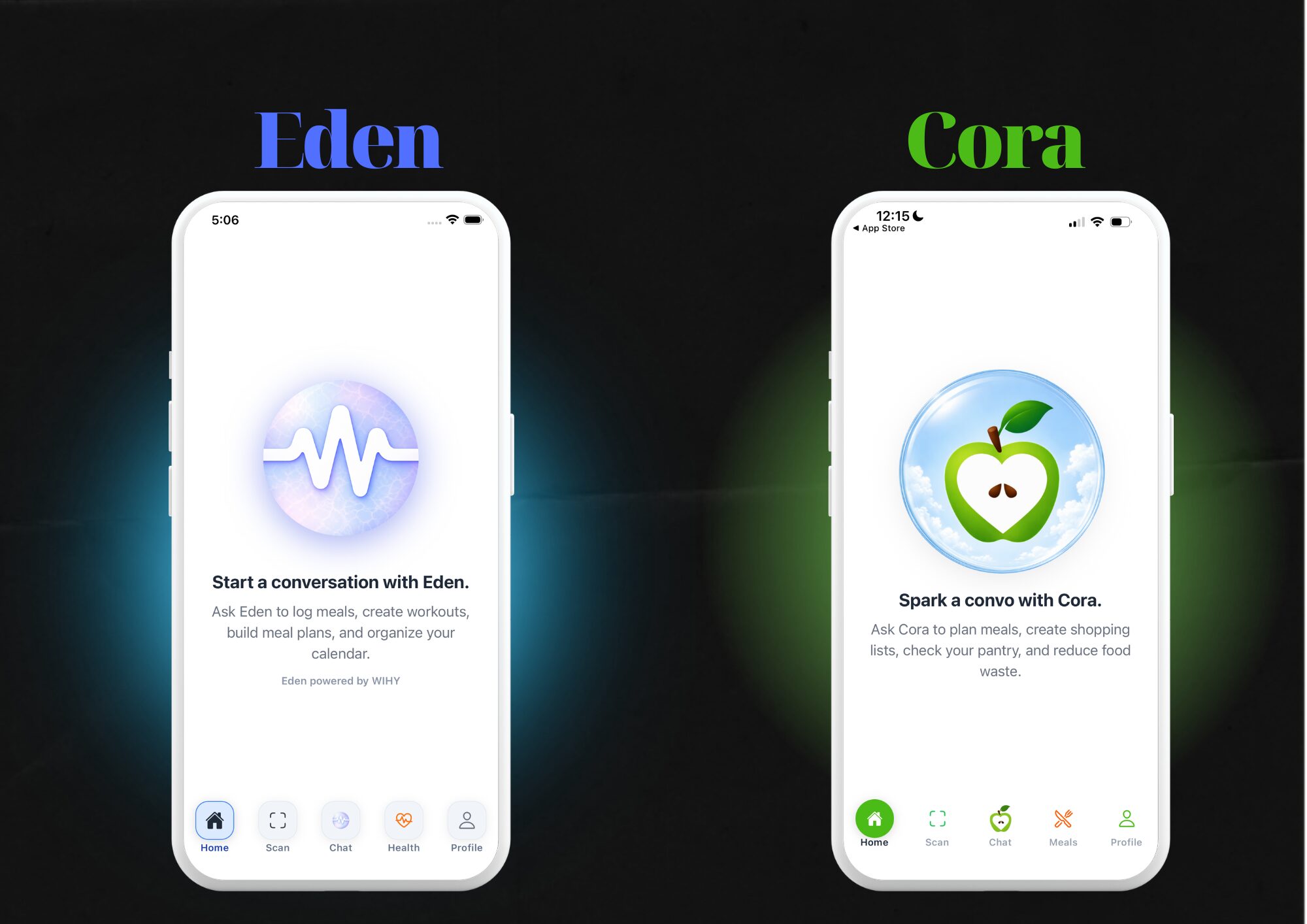 Two smartphone screens display health app interfaces, one labeled 'Eden' with a heartbeat icon, the other 'Cora' with an apple icon.