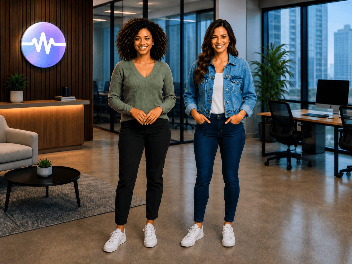 Two women stand in a modern office with large windows, a plant, and a logo on the wall, smiling.