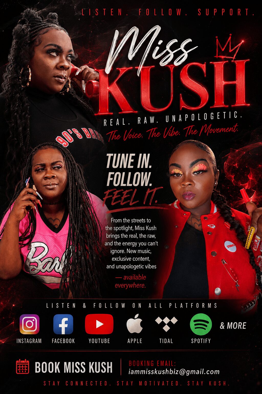 Promotional poster featuring three women, with text about Miss Kush, social media icons, and contact email.