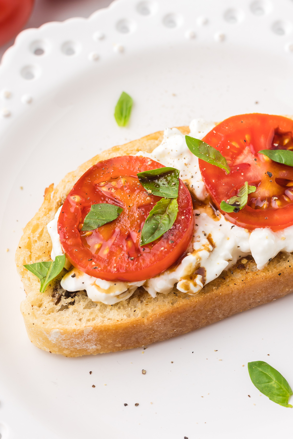 Open-faced sandwich with tomato slices, basil, mozzarella, and bread on a white plate.