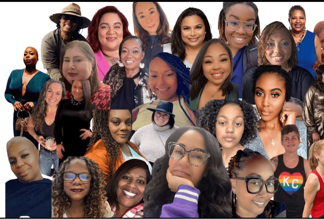 Collage of diverse women and girls smiling and posing together, with various backgrounds and clothing styles.