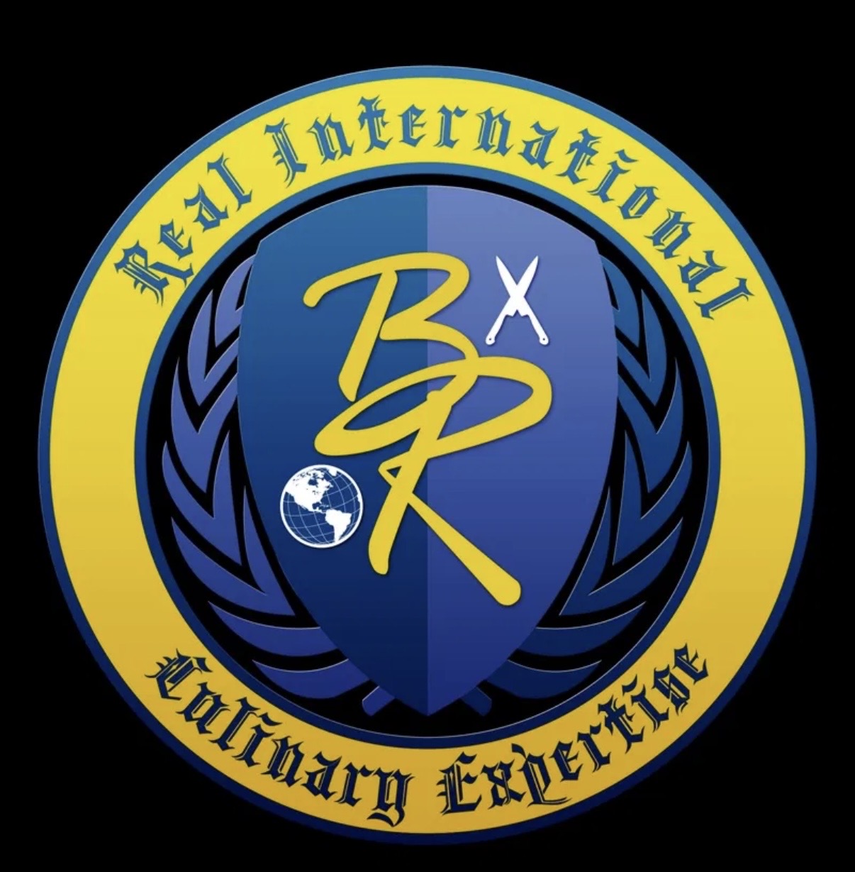 Emblem with yellow border, blue shield, and text 'Reel International' and 'Primary Service' with a globe and stylized letters.