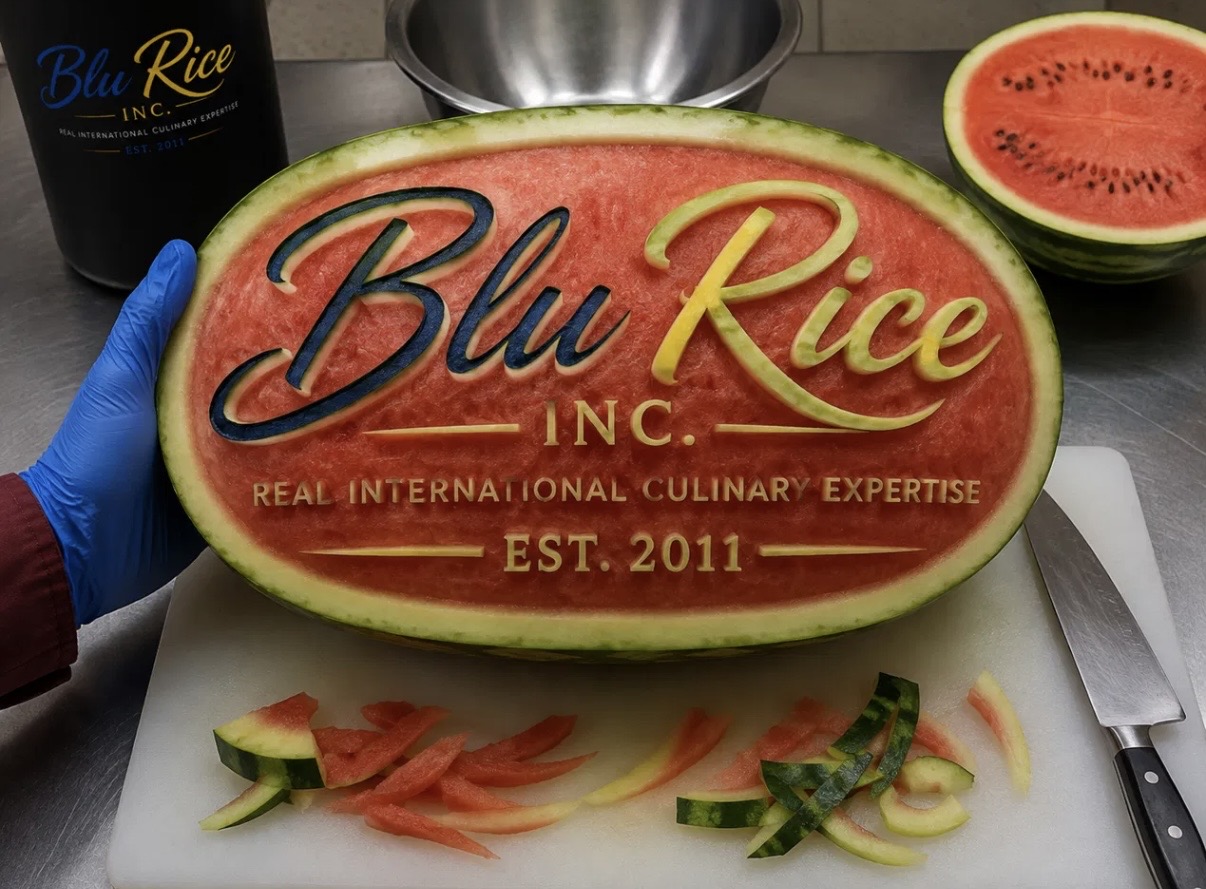 Person holding a watermelon-shaped sign with Blu Rice INC logo and text, on a kitchen counter with sliced watermelon and knife.