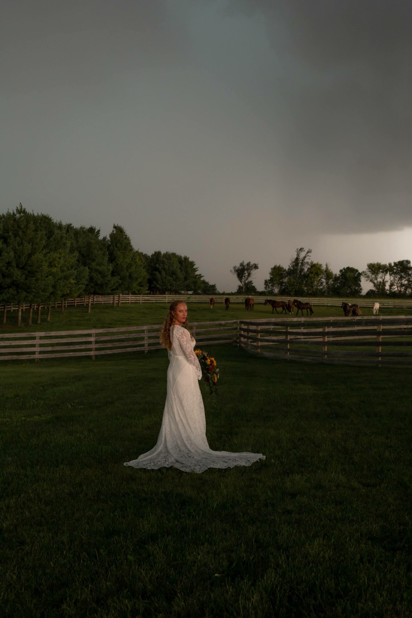 Bride in a white wedding dress holding a bouquet stands on grass with a dark cloudy sky and trees in the background.