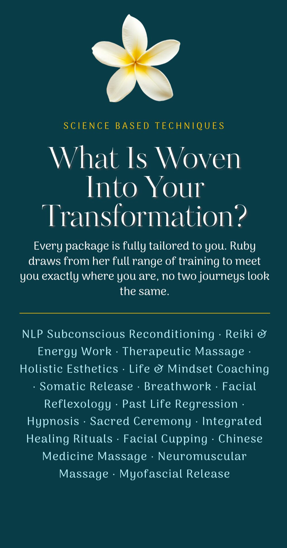 Book cover with a white flower, title about woven transformation, and a list of holistic techniques, on a dark background.