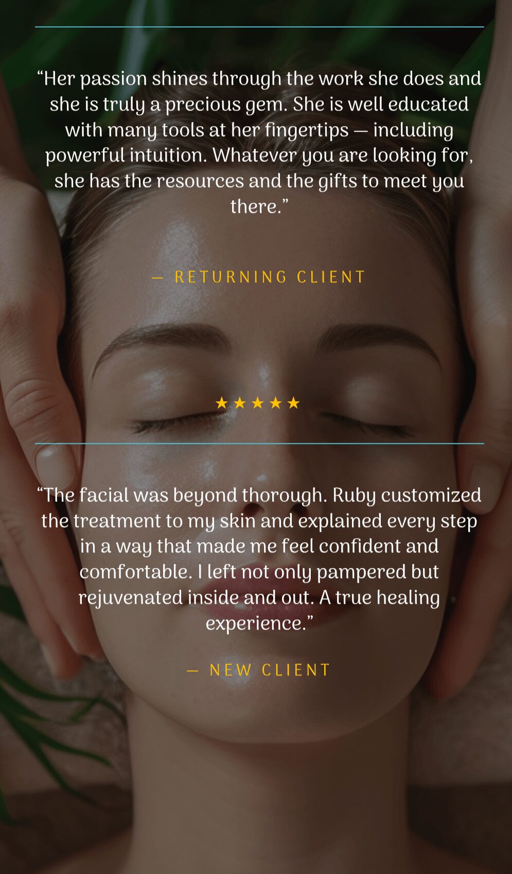Close-up of a woman's face with closed eyes, smiling gently, with text overlay about client experiences and services.