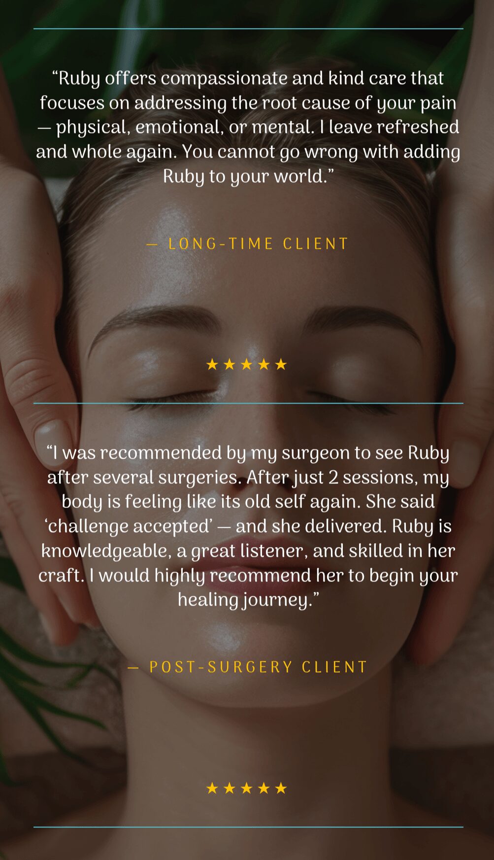 Close-up of a person's forehead and closed eyes with text about a medical journey and client reviews.