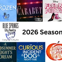 Collage of theater posters and logos, including Frozen, Cabaret, Freaky Friday, Blue Springs City Theater, and others.