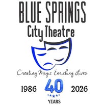 Logo for Blue Springs City Theatre celebrating 40 years, with a theatrical mask and text, 1986 to 2026.