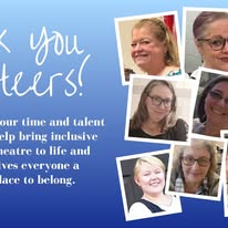 Collage of six women smiling, with a blue background and white handwritten-style text. The text is partially visible.